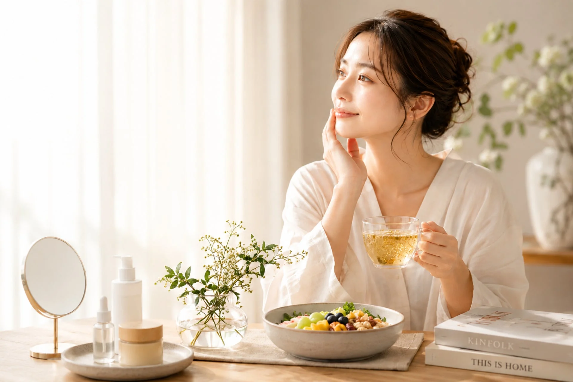 朝のリラックスタイムの女性と健康的な朝食