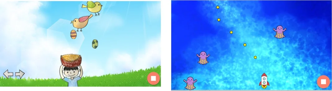 手描き風のイラストが特徴的な2つのカジュアルゲーム画面。一つは子供がバスケットで落ちてくる卵をキャッチするシーン、もう一つはロケットが宇宙でタコのようなキャラクターとドットの間を進むシーンです。
