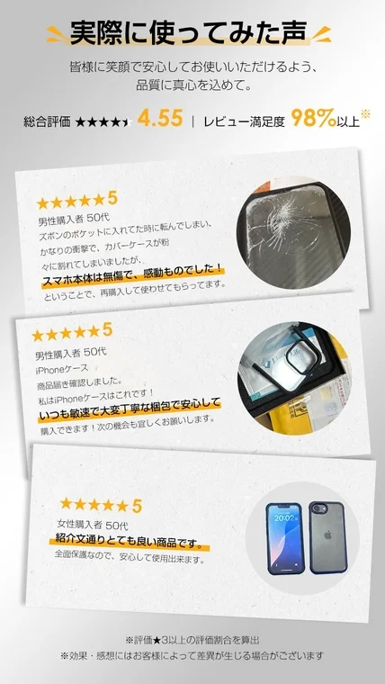 スマートフォンケースの顧客レビューを紹介する画像