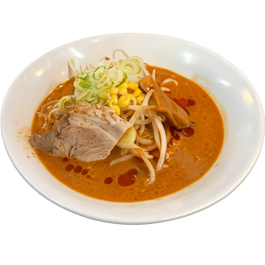 ラーメン,味噌ラーメン,辛いラーメン,豚肉,コーン,もやし,ネギ,メンマ,麺料理,日本食,食事