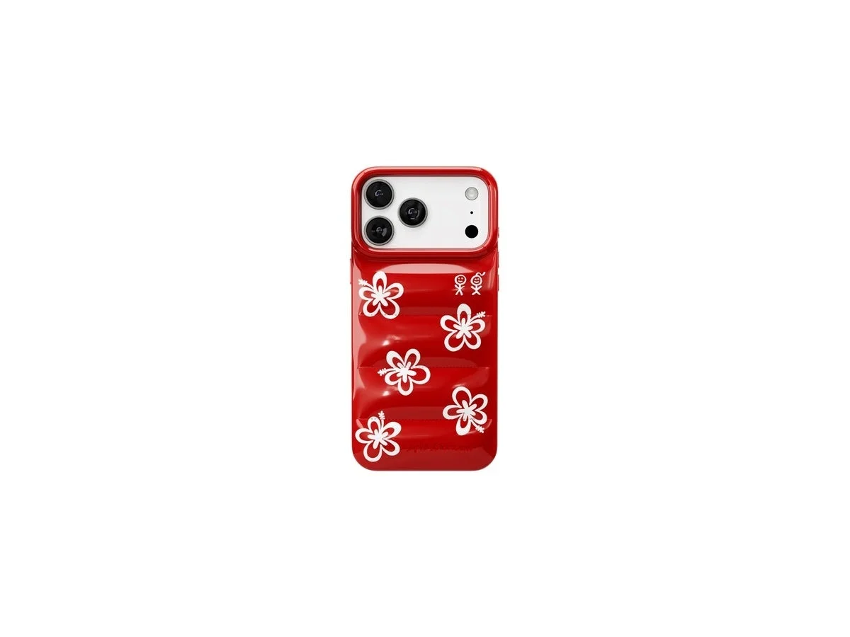 ハイビスカスの花柄がデザインされた赤いiPhoneケース
