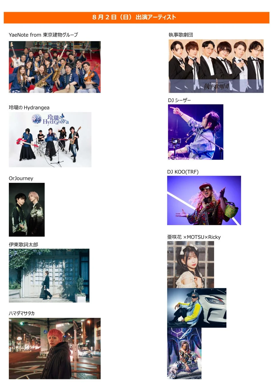 8月2日(日)出演アーティスト一覧