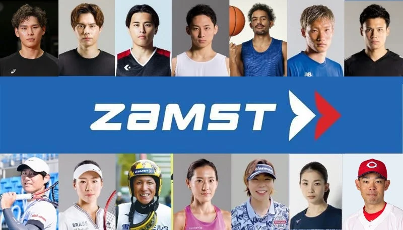 「ZAMST」のロゴを中心に、様々なスポーツ分野の男性および女性アスリートたちのポートレートが多数配置された画像