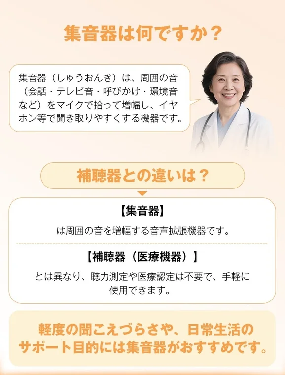 集音器と補聴器の違い、日常の聞こえの悩み