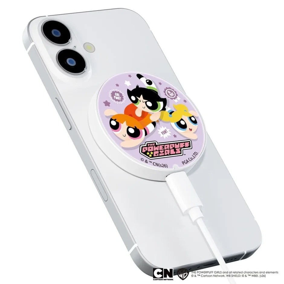 iPhoneに装着されたパワーパフ ガールズのワイヤレス充電器