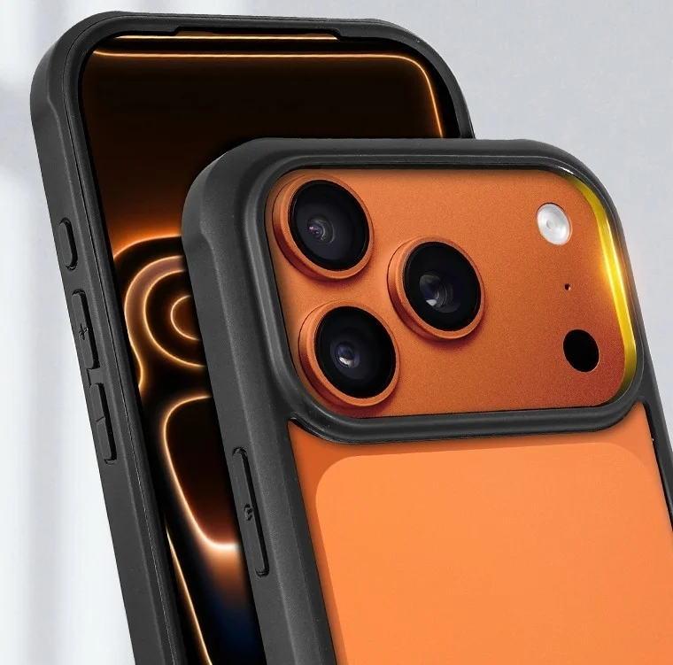 オレンジ色の背面と黒い保護ケースに収まったスマートフォンのクローズアップ画像