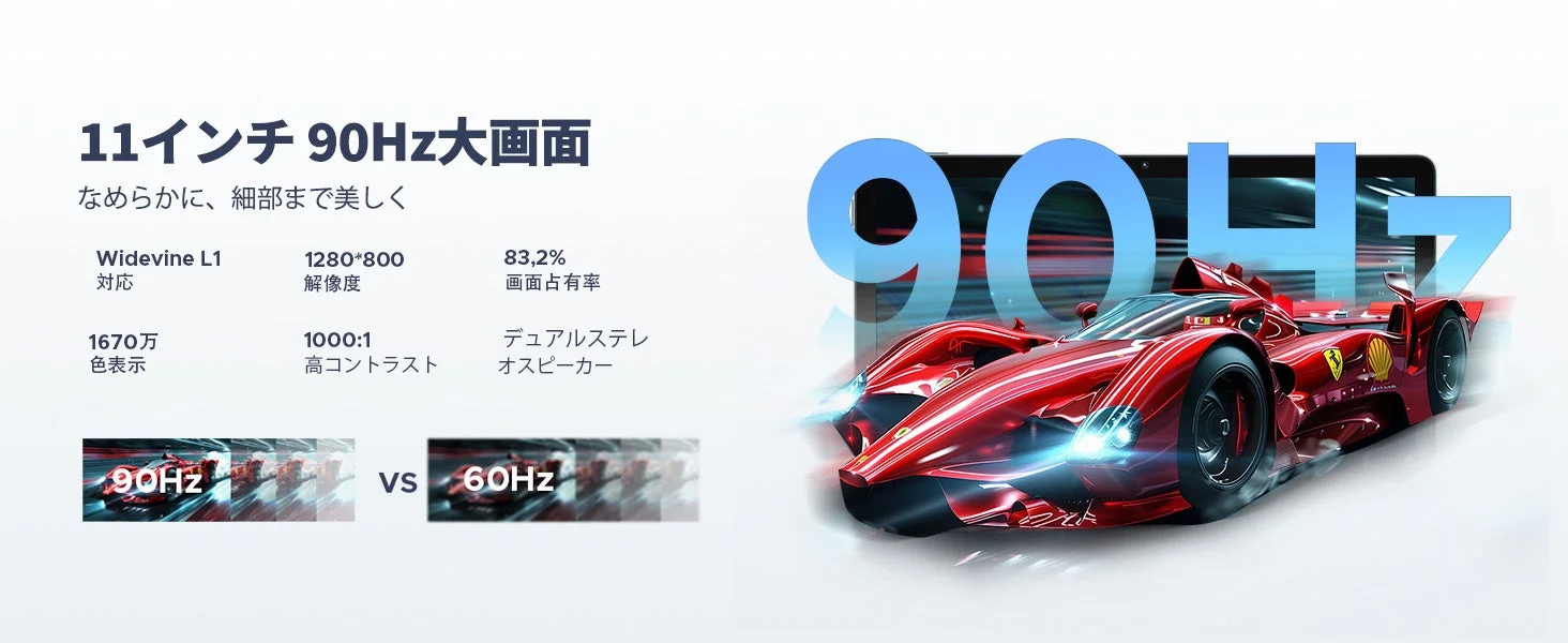 11インチ90Hz大画面ディスプレイを宣伝。スポーツカーの画像。