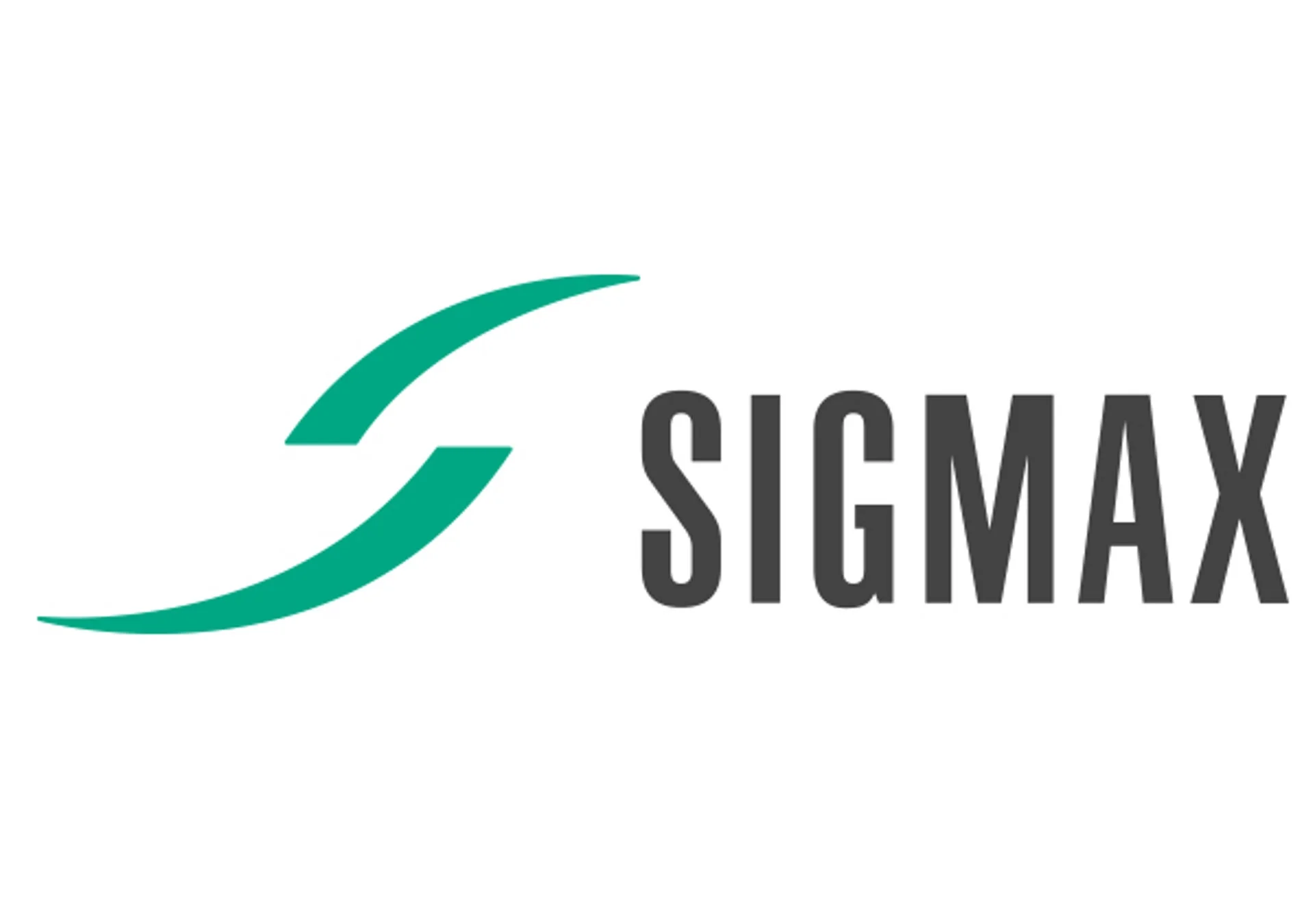 白い背景に、緑色の流線型のデザインと「SIGMAX」というテキストロゴが配置されています。