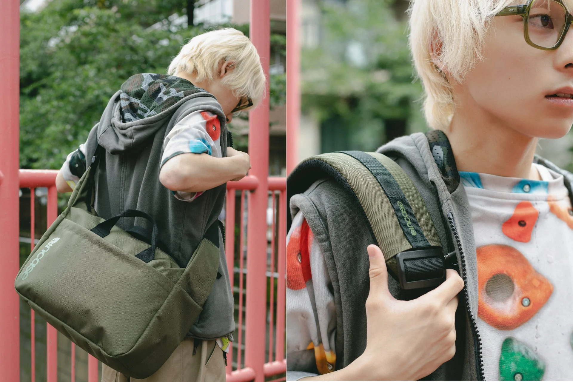 Grid Shoulder Bagを着用したモデル