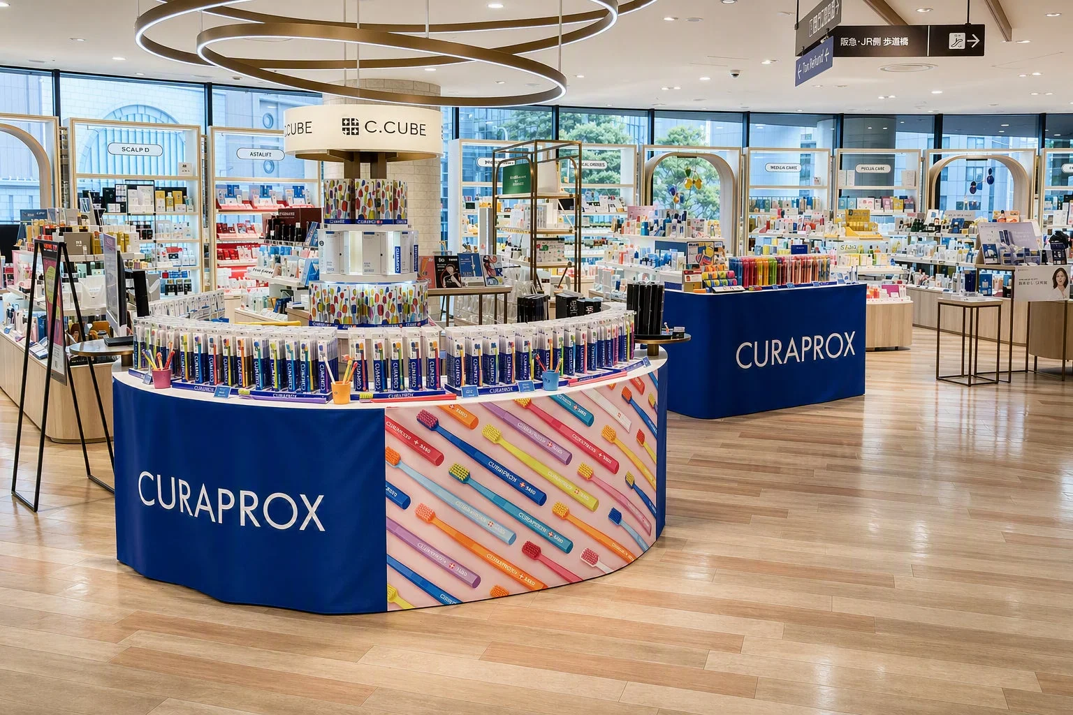 明るく広々とした店内で、カラフルなCURAPROXの歯ブラシが円形の什器に美しく陳列されています。
