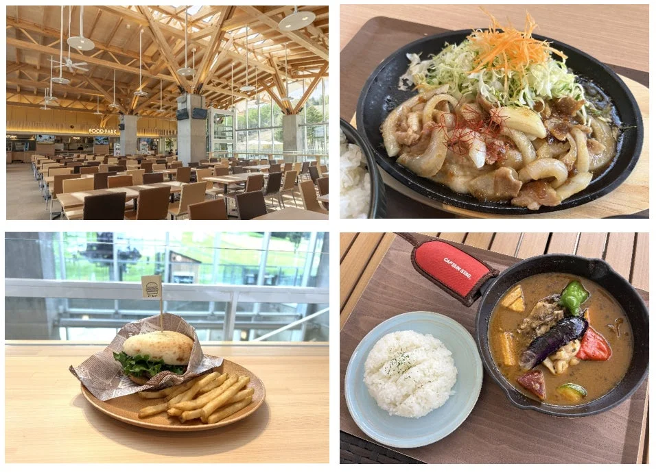 モダンなフードコートと提供される料理