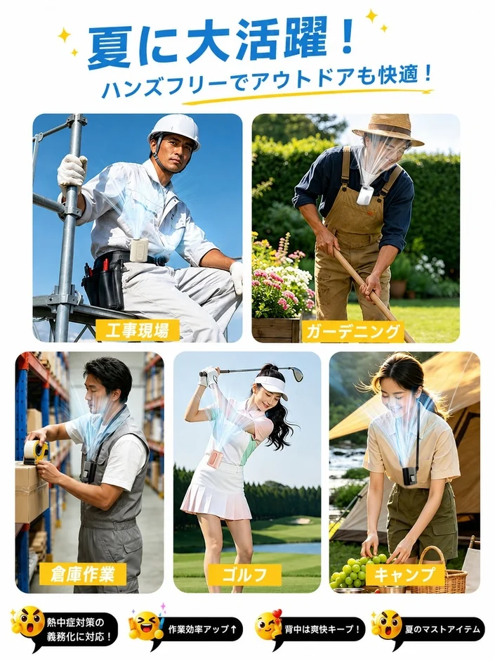 夏のアウトドアや作業時に活躍するハンズフリーのポータブルファン