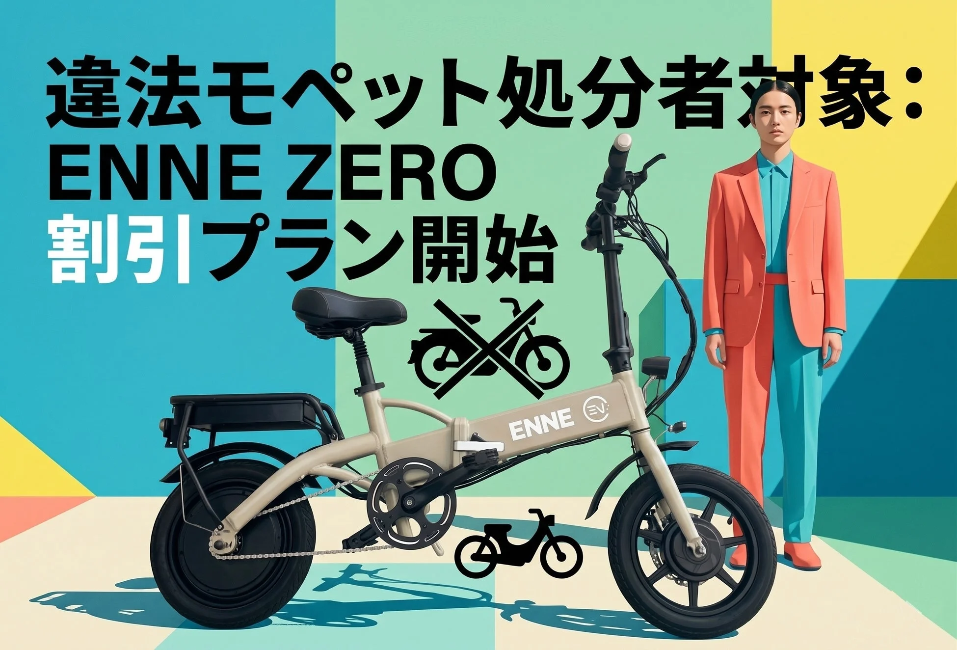 カラフルな背景に、折りたたみ式の電動アシスト自転車「ENNE ZERO」とスーツ姿の男性が写っています。「違法モペット処分者対象: ENNE ZERO 割引プラン開始」というテキストがあり、新しい割引キャンペーンの告知と製品を紹介する広告です。