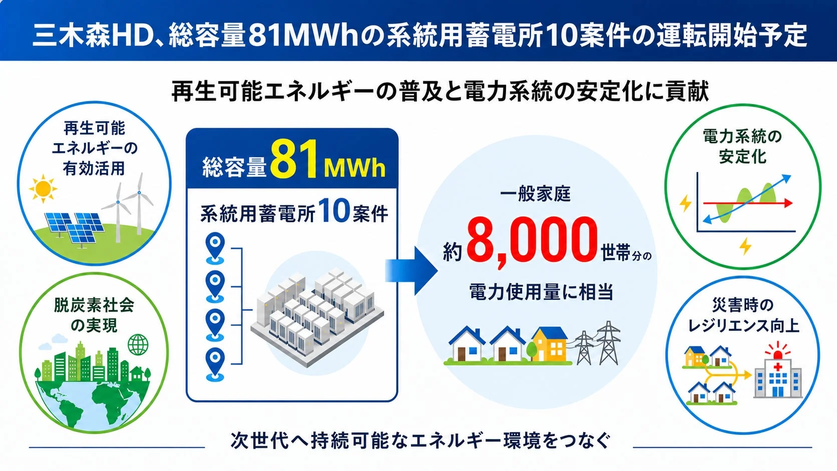 三木森HD、総容量81MWhの系統用蓄電所10案件の運転開始予定 再生可能エネルギーの普及と電力系統の安定化に貢献
