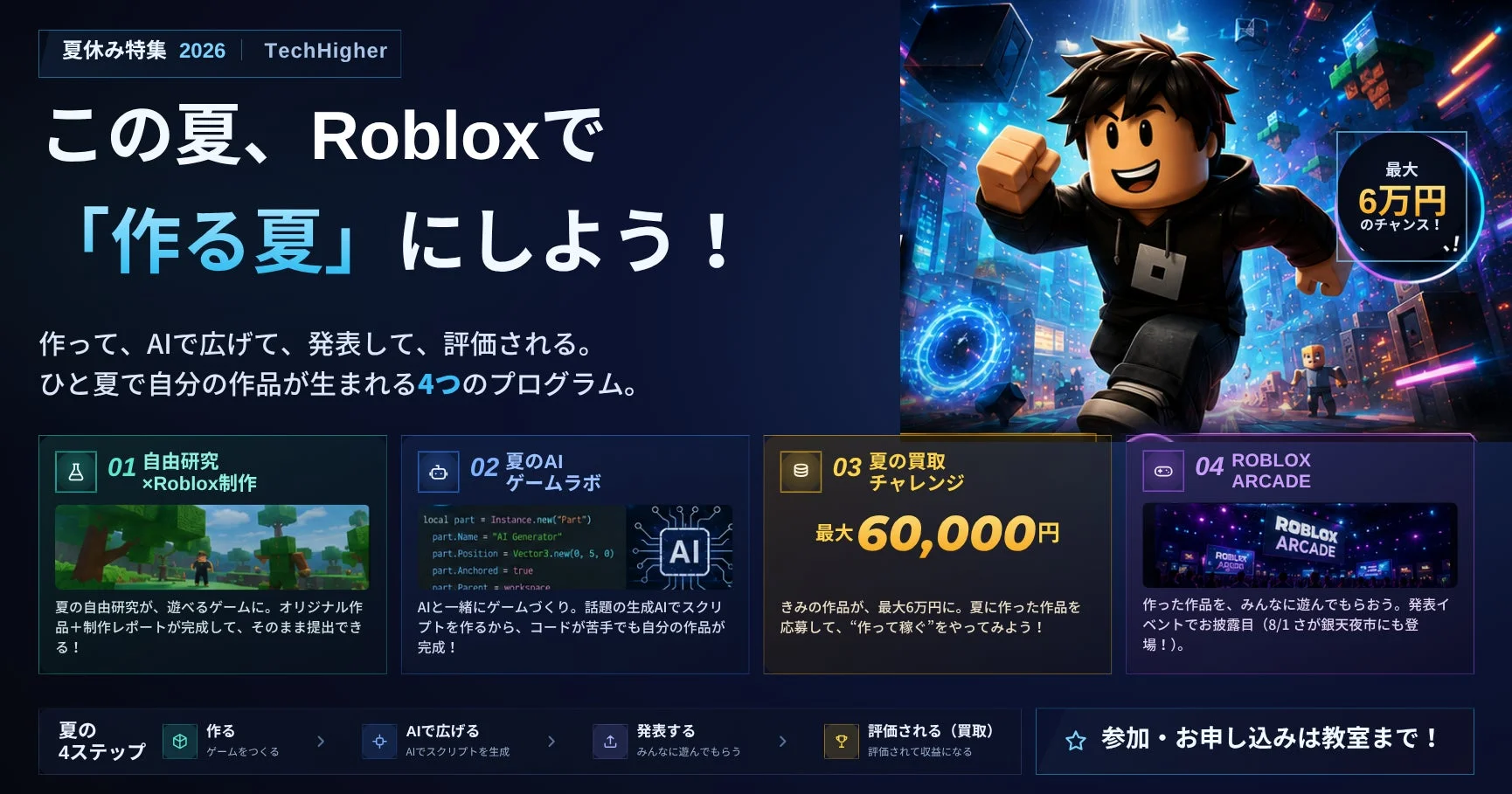 TechHigherの「夏休み特集2026」は、RobloxとAIを活用してゲームを制作する4つのプログラムです