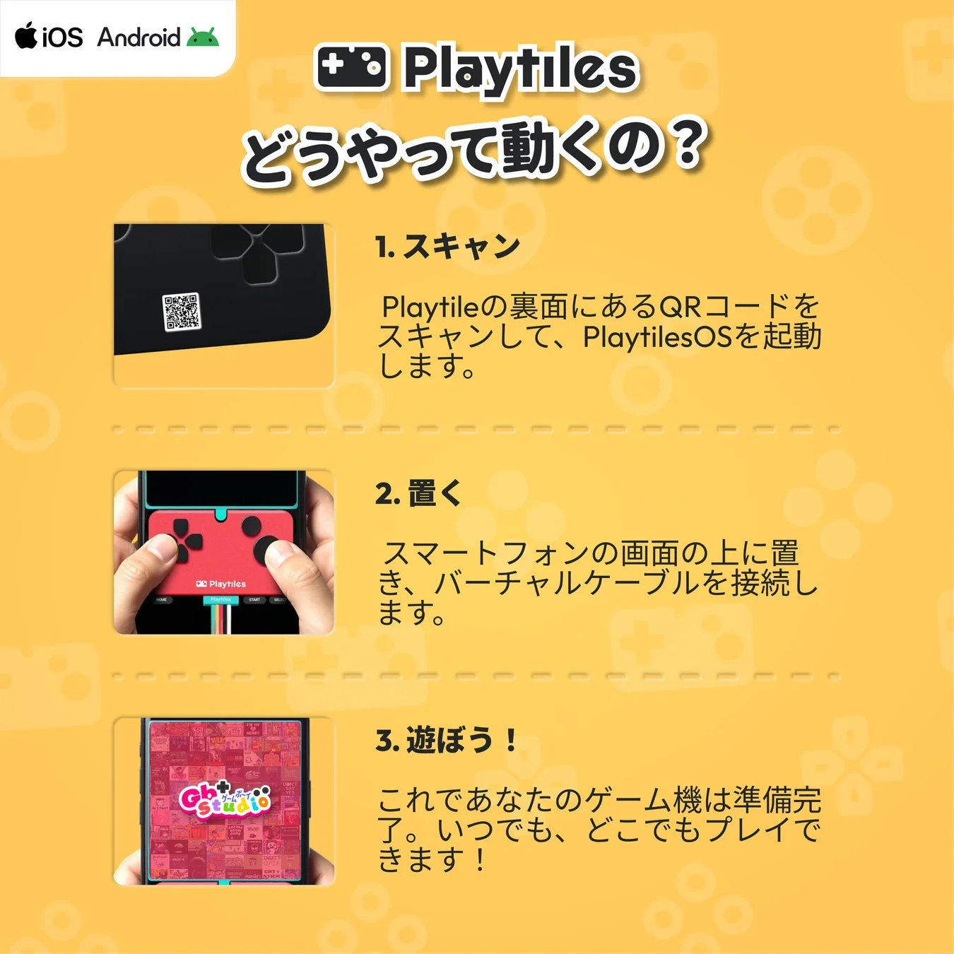 Playtilesの使い方が3ステップで説明されています