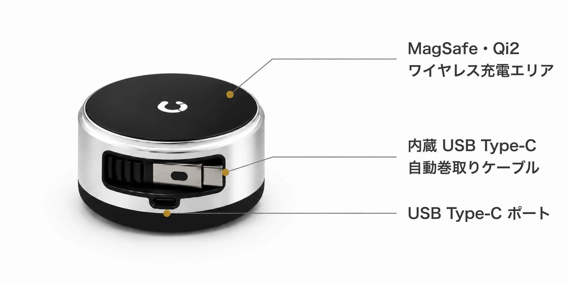 MagSafe・Qi2ワイヤレス充電エリア、内蔵USB Type-C自動巻取りケーブル、USB Type-Cポートを備えたコンパクトな充電器です。複数の充電方法に対応し、利便性の高いデザインが特徴です。