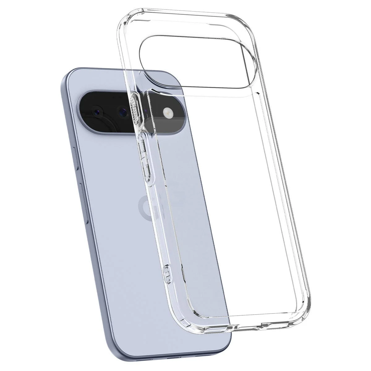 淡い青色のスマートフォンと、それに装着する透明な保護ケース
