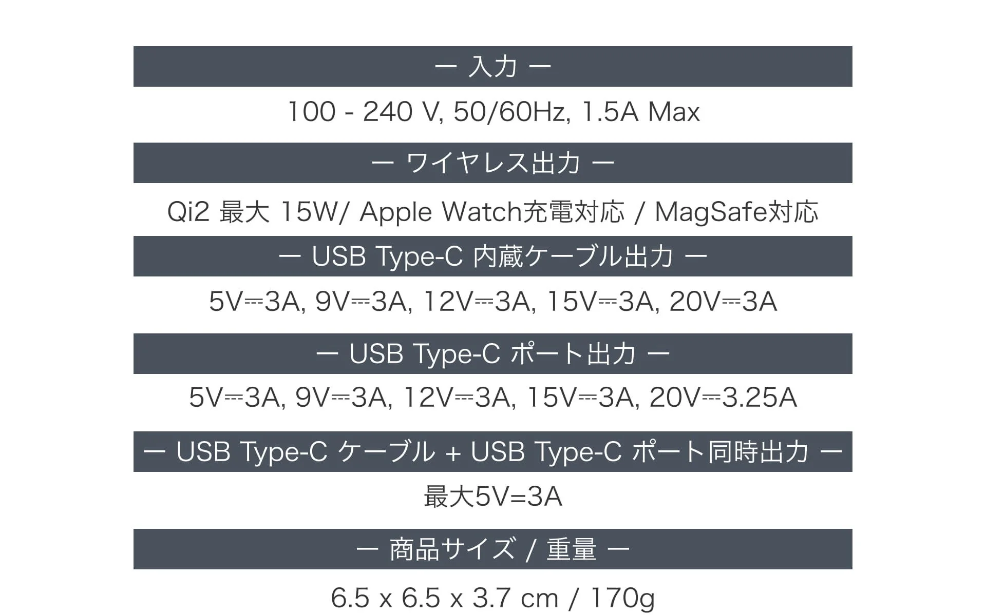 多機能充電器の製品仕様を示す画像です。入力電圧、Qi2 15W対応ワイヤレス出力、USB Type-C内蔵ケーブルとポートからの出力、同時出力、そして製品のサイズと重量が詳細に記載されています。