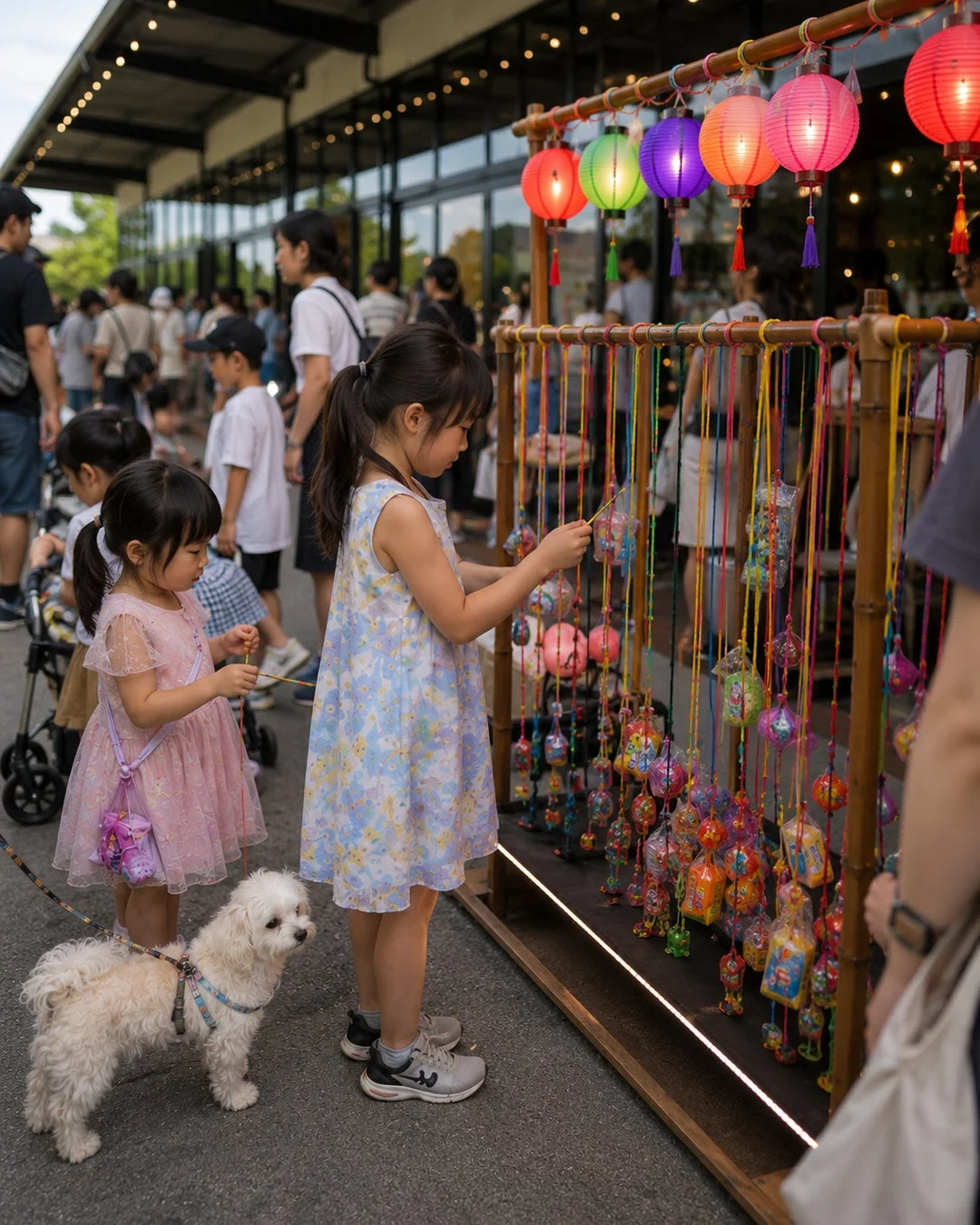 子供と犬が提灯の屋台を見ている