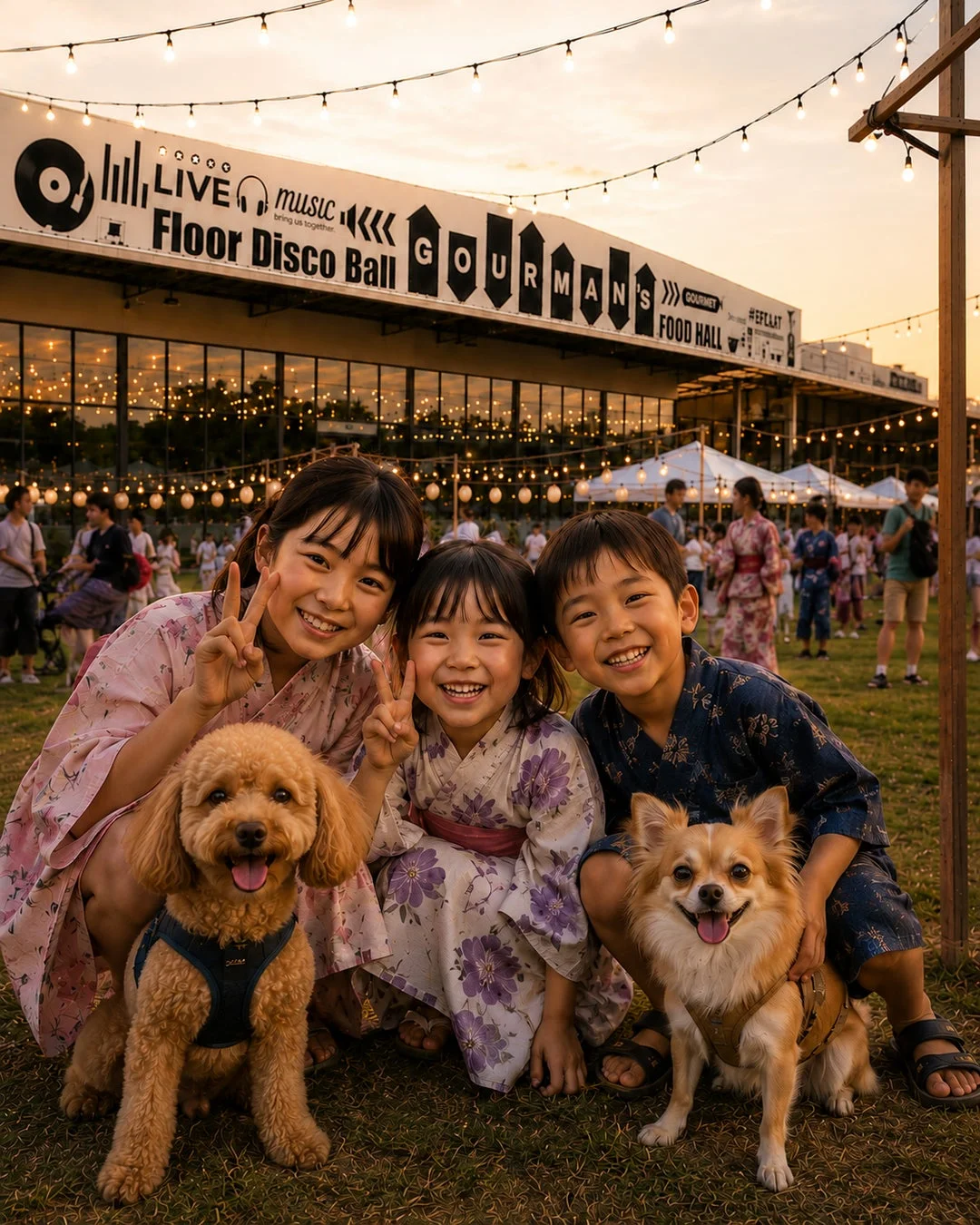浴衣の子供たちと犬、電飾