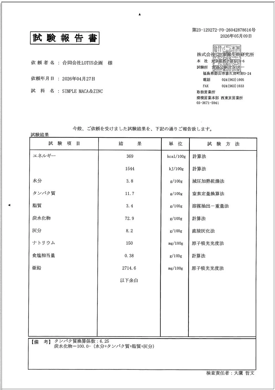 「SIMPLE MACA & ZINC」の試験報告書