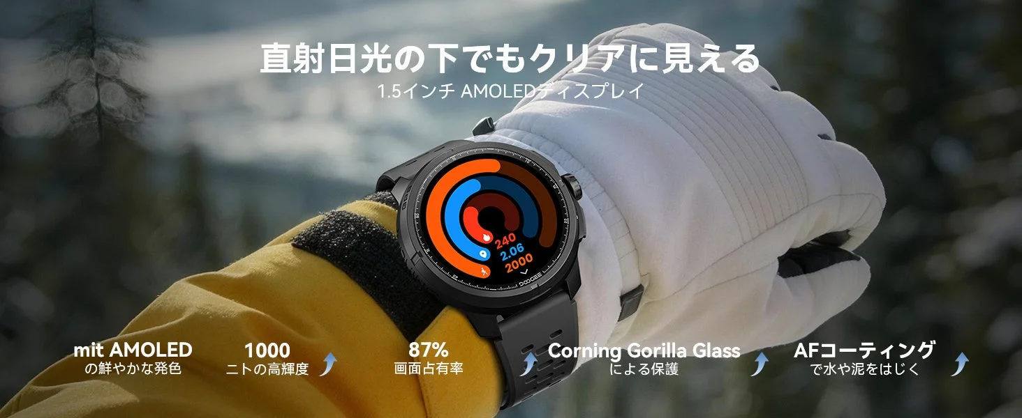 直射日光の下でもクリアに見える 1.5インチ AMOLEDディスプレイ