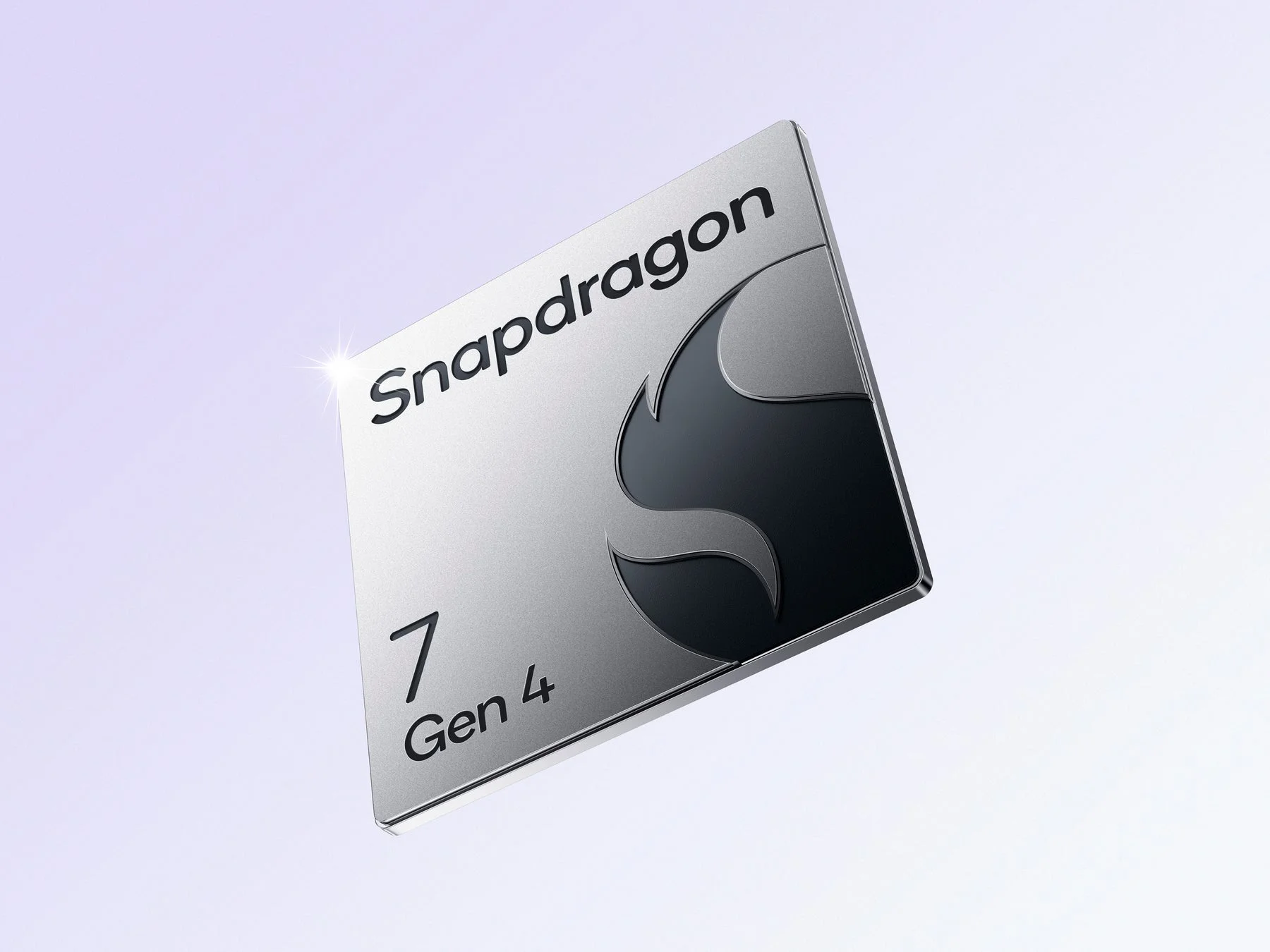 Qualcomm製の「Snapdragon 7 Gen 4」と刻印された銀色のプロセッサーチップが、シンプルな背景に浮かぶように写っています。次世代のモバイルデバイス向け高性能半導体を示唆しています。