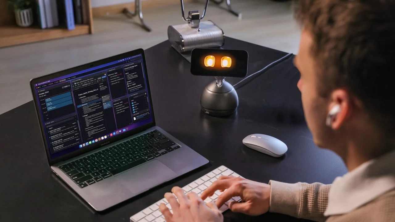 MacBook Airで作業する男性とLoona Deskmate