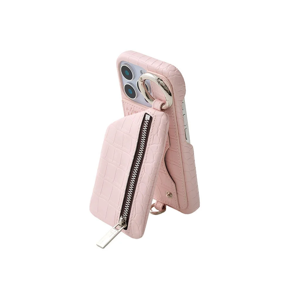 ベビーピンクのクロコダイル柄iPhoneケース（ウォレット付き）