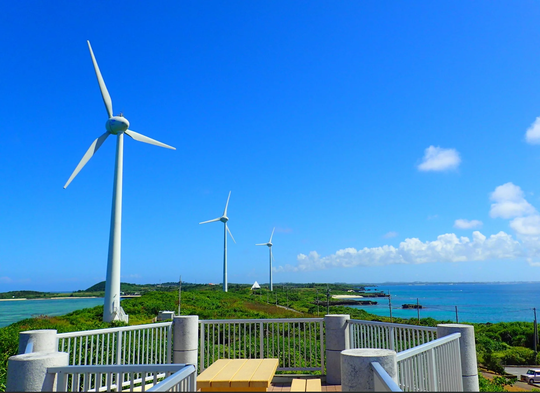 風車が並ぶ海岸線の風景