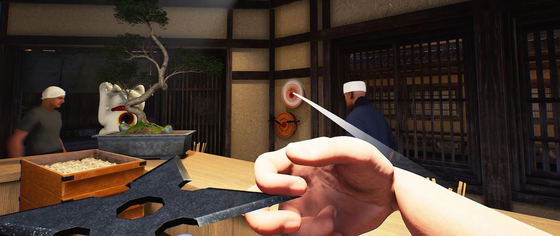 手裏剣を構える一人称視点のVRゲーム画面