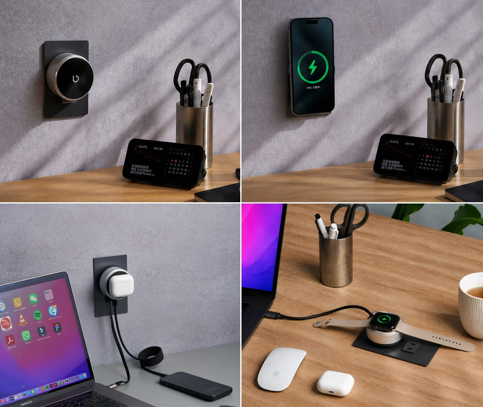 現代的なデスク環境でApple製品の充電と整理をテーマにした画像。iPhone、AirPods、Apple Watch、MacBook Proなどのガジェットが、壁掛け充電器やデスク上で効率的に管理・使用されている様子。