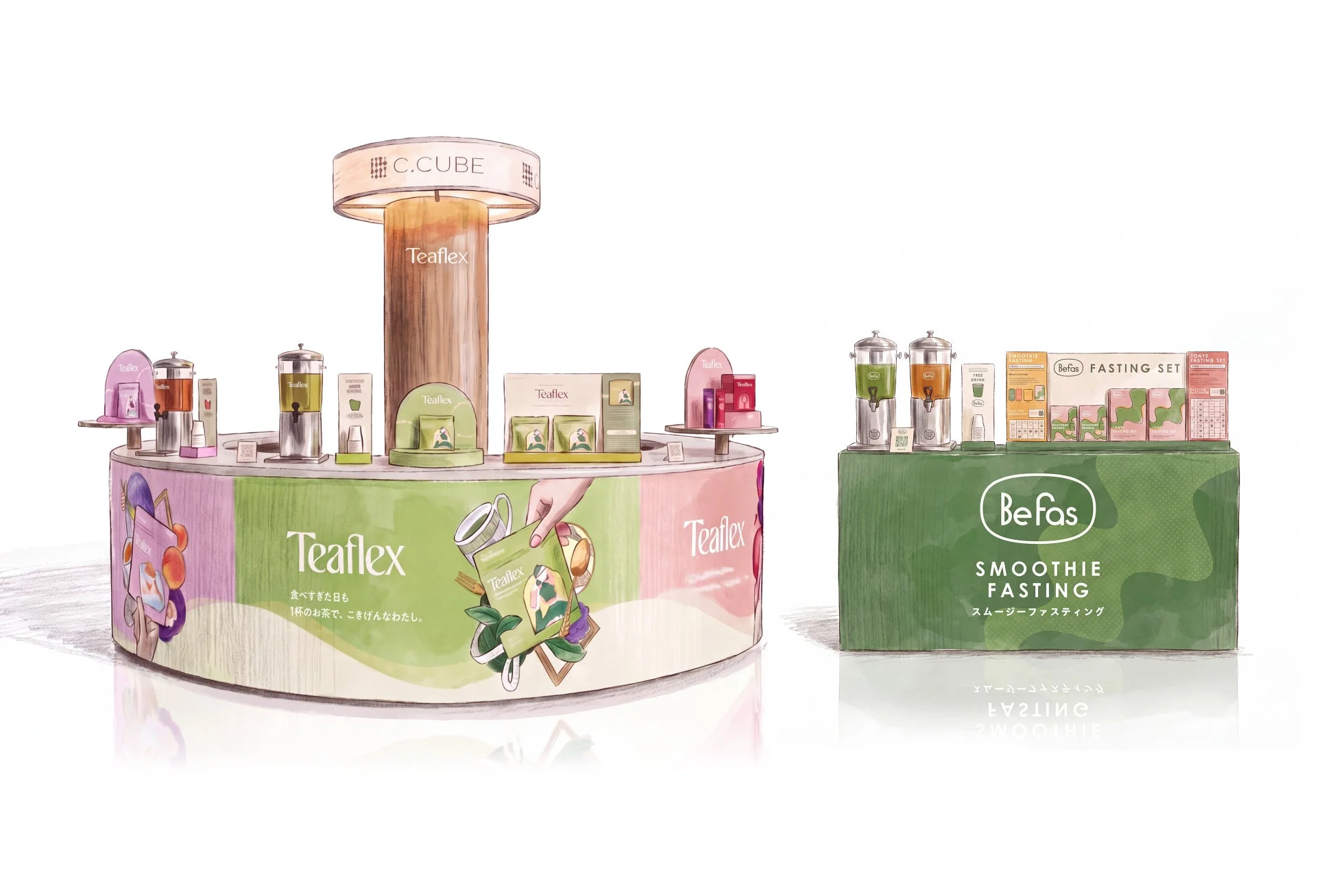 TeaflexとBefasの商品展示イラスト