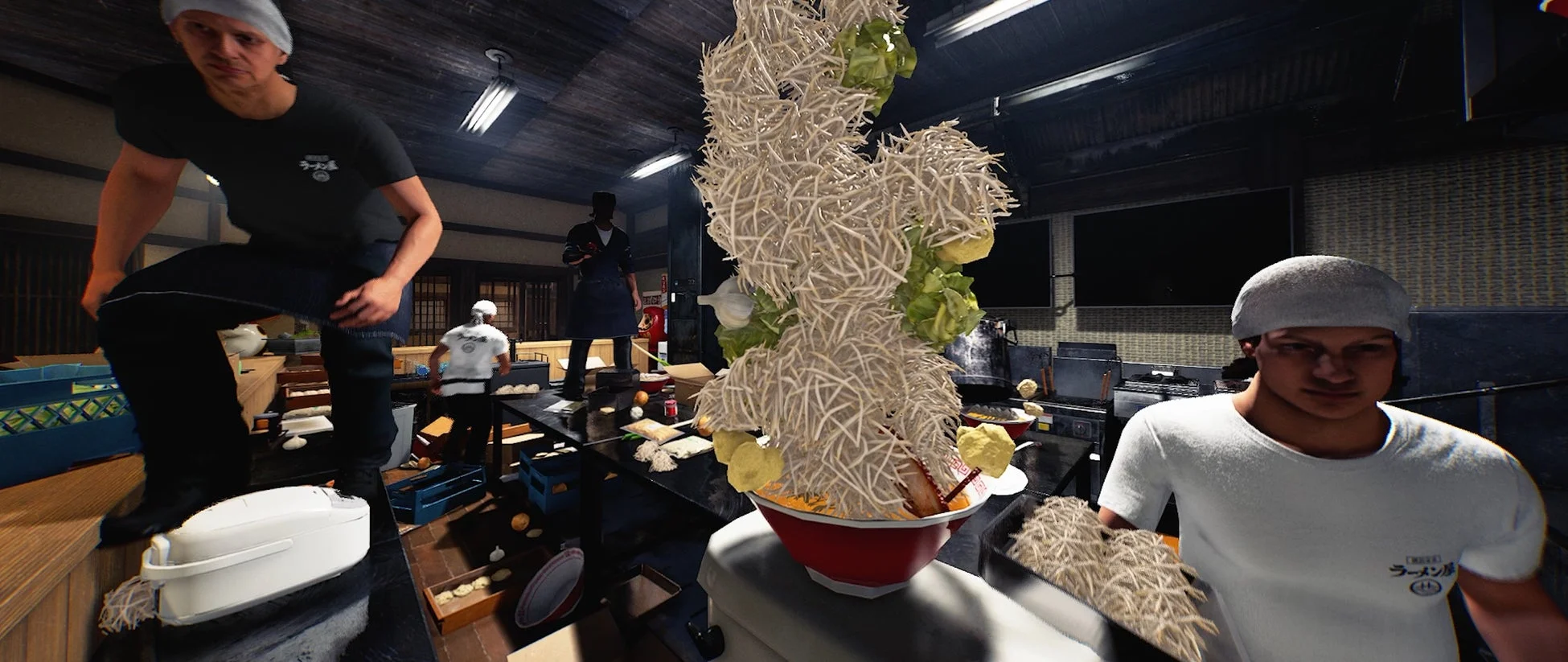 ラーメン屋の厨房で山盛りのもやしラーメンを準備する料理人たち