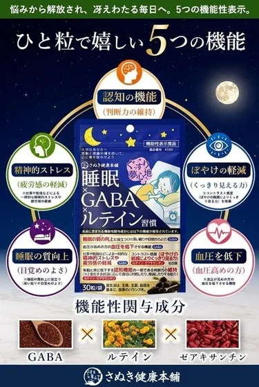 認知機能、精神的ストレス軽減、睡眠の質向上、目のぼやけ軽減、血圧低下の5つの効果を訴求する広告