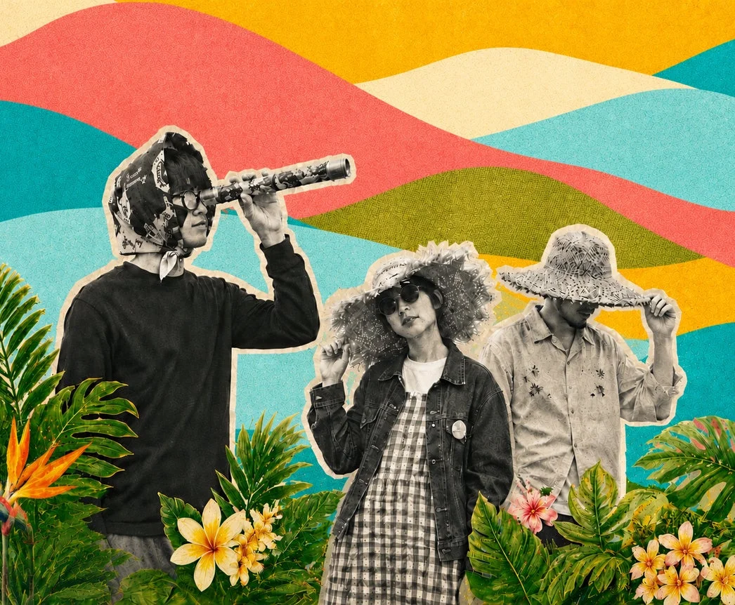 熱帯植物に囲まれた3人の人物が描かれたコラージュアート