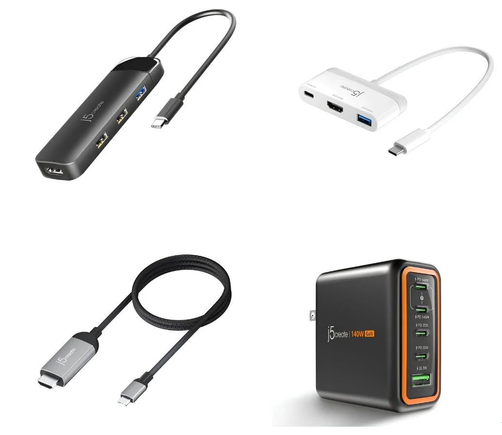 j5createのUSBハブ、アダプター、ケーブル、GaN充電器