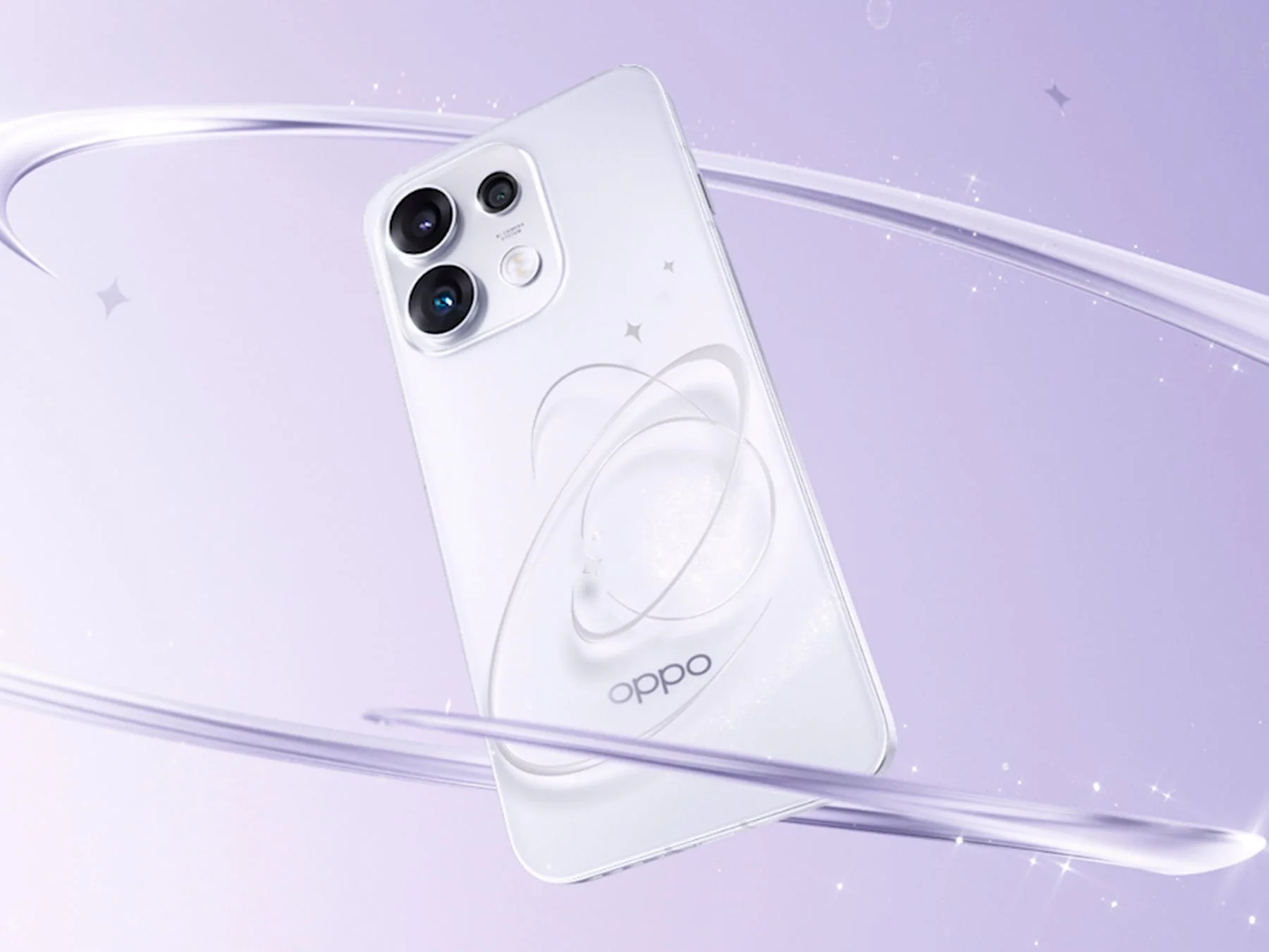 白いOPPO製スマートフォンが、紫色の背景と流れるような透明なライン、きらめくエフェクトの中に浮かんでいます。複数のカメラモジュールが特徴的で、洗練されたデザインを強調した製品写真です。