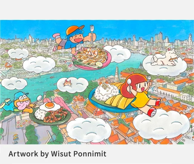 タイのバンコク上空で、子供たちや猫、タイ料理が雲に乗って浮かぶイラスト