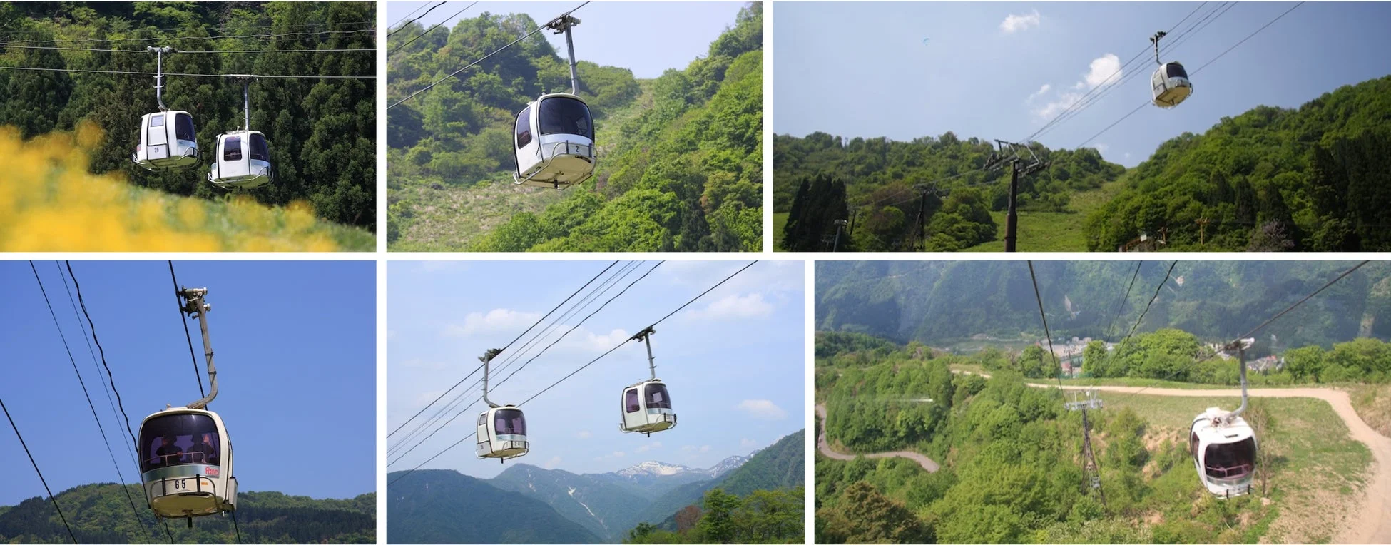 新緑の山々を背景にゴンドラが空中を移動する様子