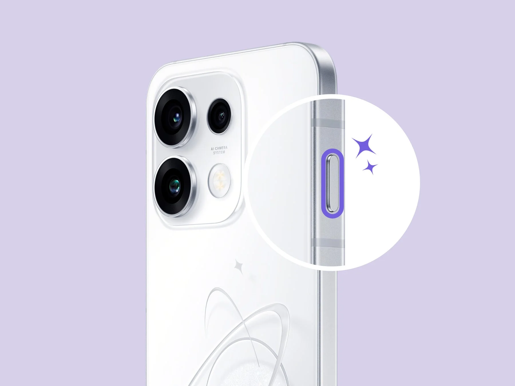 白いスマートフォンの背面と側面をクローズアップした画像。複数のカメラレンズと「AI CAMERA SYSTEM」の文字が見え、側面のボタンが紫色に光っている。