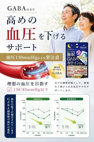 GABA配合のサプリメント「睡眠GABAルテイン習慣」が高めの血圧を下げる効果と睡眠サポートを訴求する広告