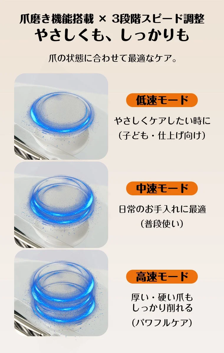 爪磨き機能搭載と3段階スピード調整