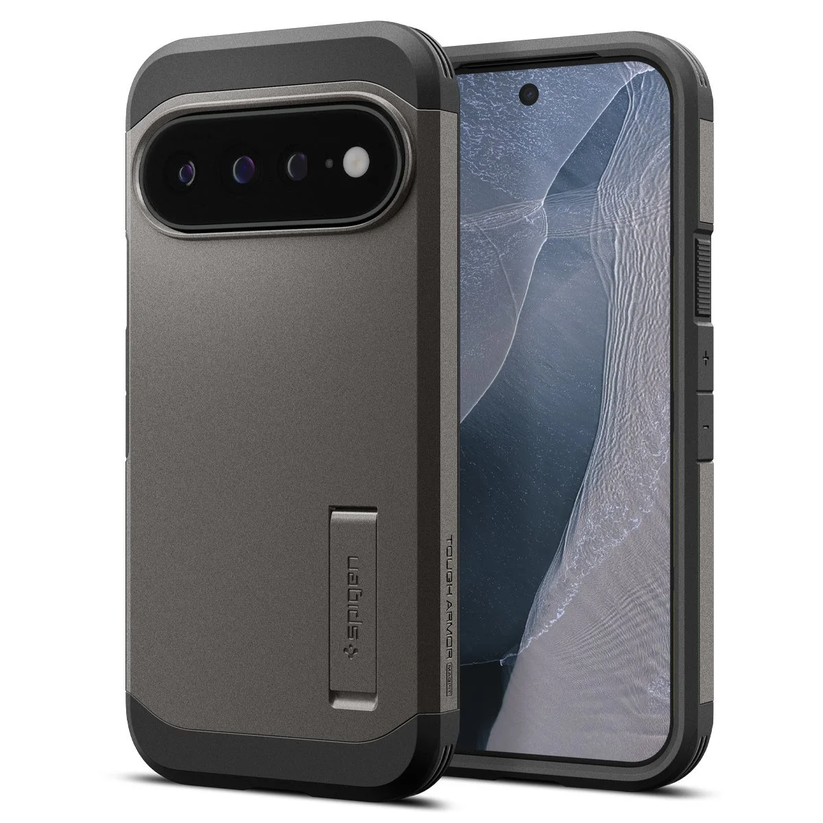 Spigenのタフアーマーシリーズのスマートフォンケース。キックスタンド付きで耐衝撃性のあるグレーのケース