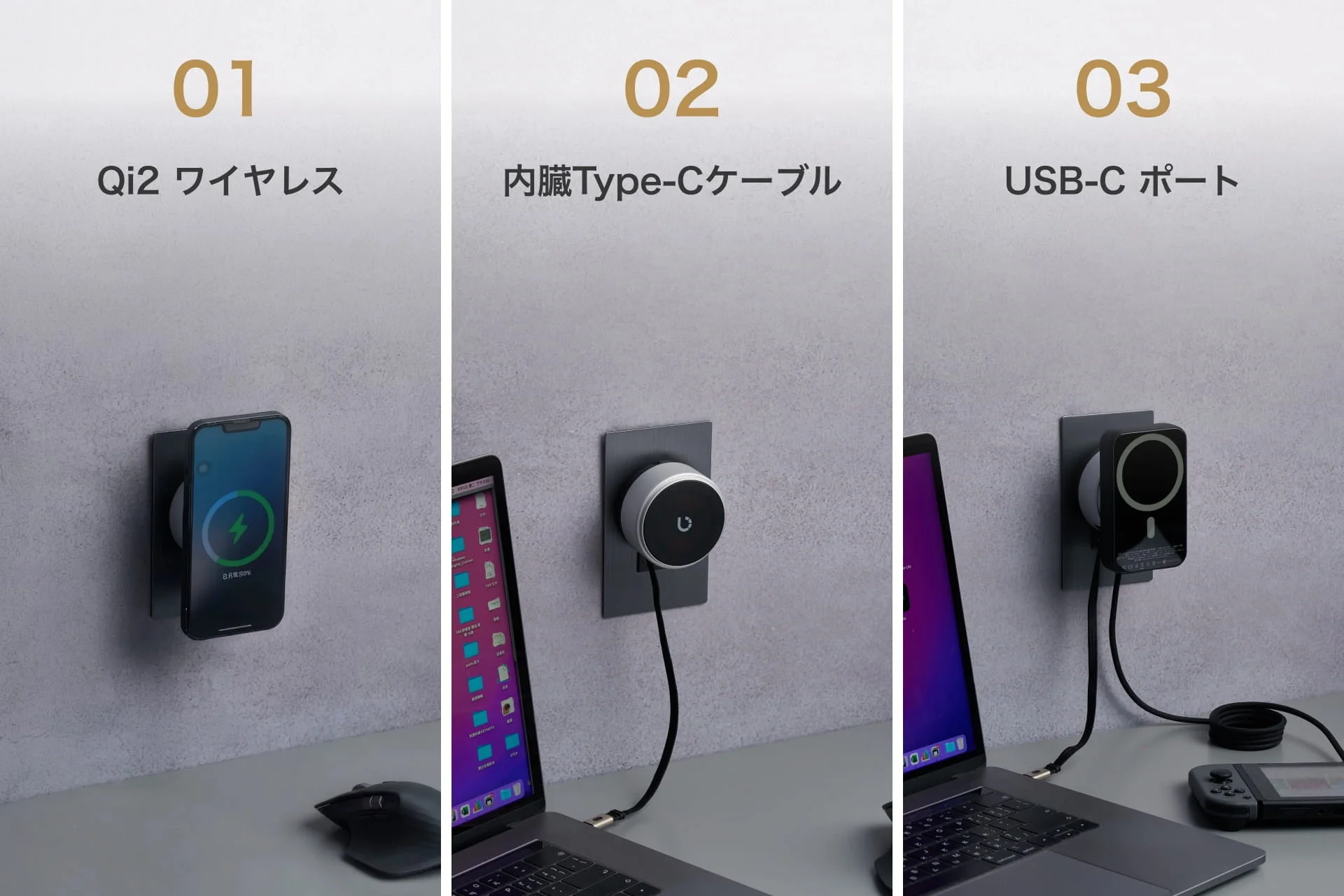壁に設置された多機能充電器の3種類の給電方法を示しています。Qi2ワイヤレス充電、内蔵Type-Cケーブル、USB-Cポートがあり、スマートフォン、ノートPC、ゲーム機など様々なデバイスに対応している様子がわかります。
