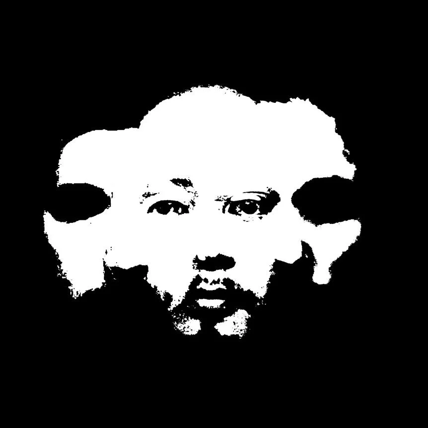 高コントラストの白黒で表現された抽象的な人物画