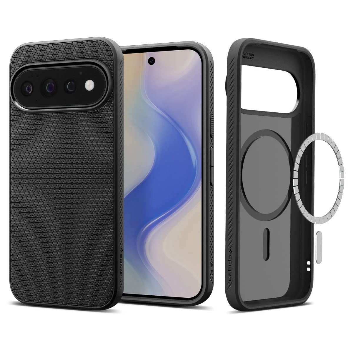 黒いスマートフォンケースが、スマートフォンに装着された状態と、内側の構造が分かるように分解された状態