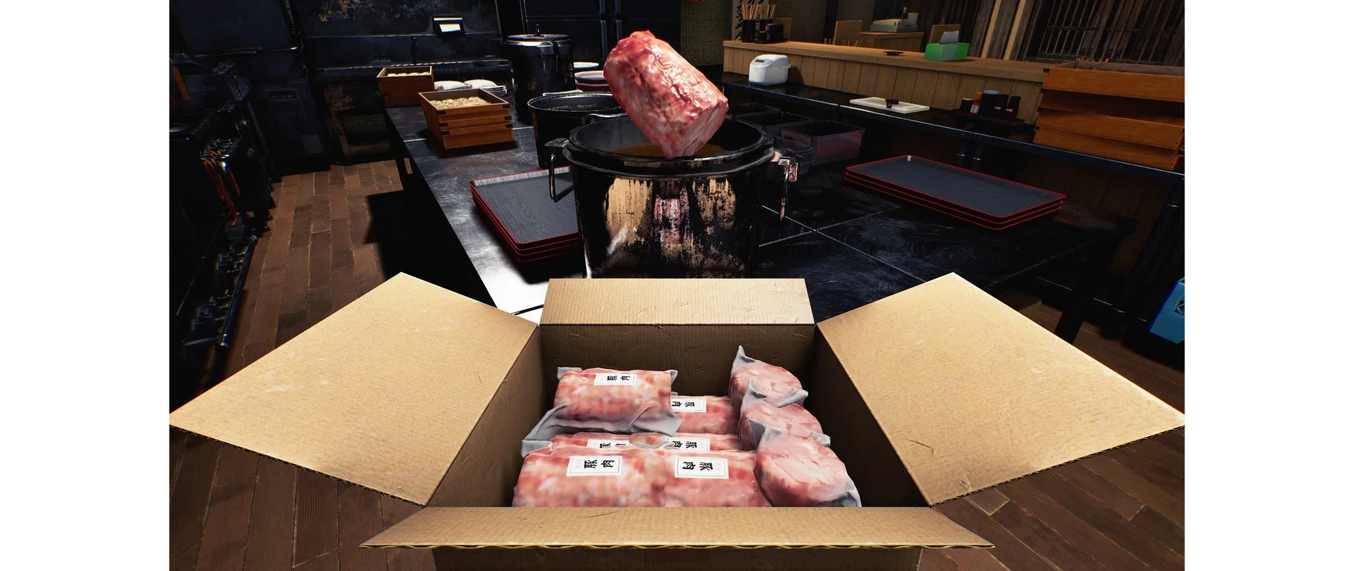 厨房で大きな豚肉が鍋に入れられる様子