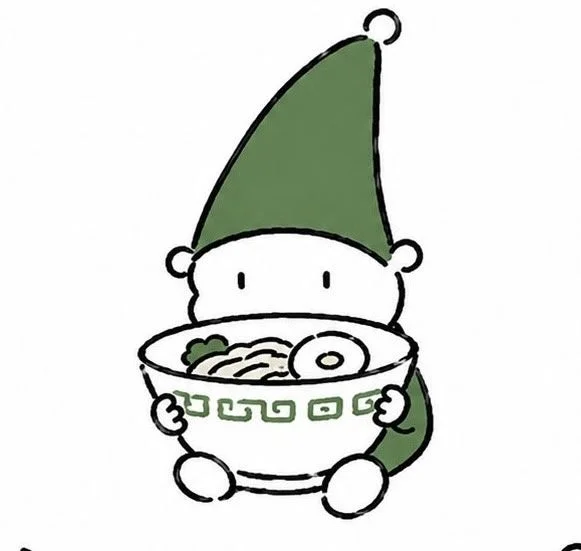 可愛いキャラクターがラーメンのような麺類を抱えているイラスト